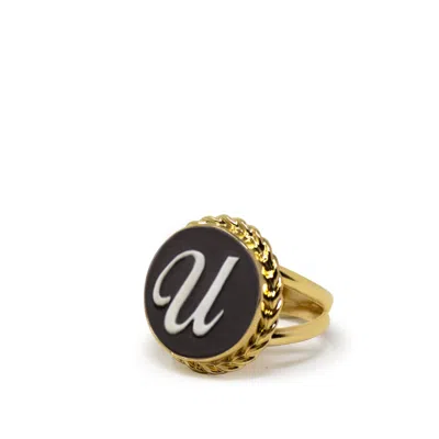 Vintouch Italy Women's Gold / Black Gold Vermeil Black Cameo Ring Initial U In Multi