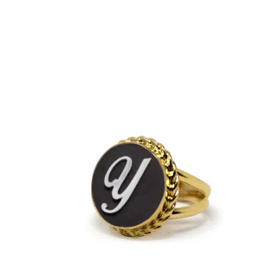Vintouch Italy Women's Gold / Black Gold Vermeil Black Cameo Ring Initial Y In Multi