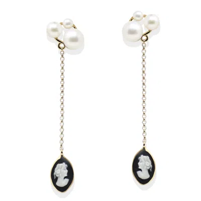 Vintouch Italy Women's Gold / Black Lilith Gold-plated Black Cameo And Pearl Drop Earrings In Multi