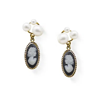 Vintouch Italy Women's Gold / Black Lilith Gold-plated Black Cameo And Pearl Stud Earrings In Multi