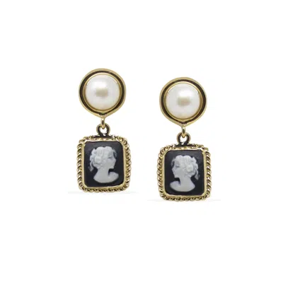 Vintouch Italy Women's Gold / Black The Beloved Gold-plated Black Cameo And Pearl Earrings In Multi