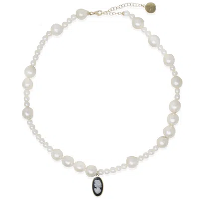 Vintouch Italy Women's Gold / Black / White Boreas Mismatched Pearl And Black Cameo Necklace In Multi