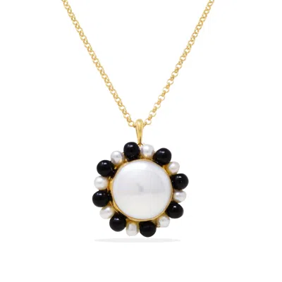 Vintouch Italy Women's Gold / Black / White Lotus Gold-plated Baroque Pearl And Onyx Necklace In Multi