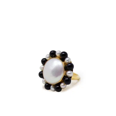 Vintouch Italy Women's Gold / Black / White Lotus Gold-plated Pearl And Onyx Ring In Multi
