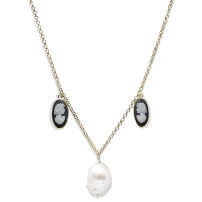 Vintouch Italy Women's Gold / Black / White Medea Gold-plated Black Cameo And Pearl Necklace In Multi