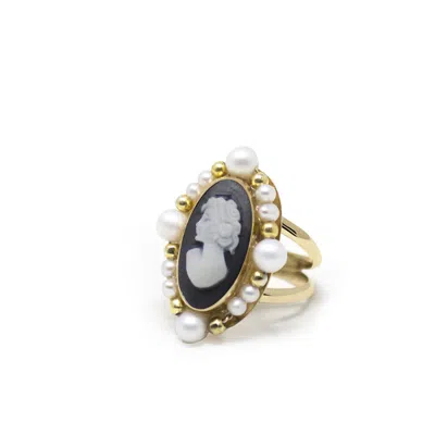 Vintouch Italy Women's Gold / Black / White Ophelia Gold-plated Black Cameo And Pearl Ring In Multi