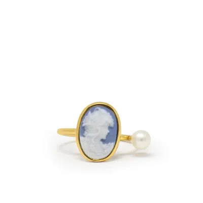 Vintouch Italy Women's Gold / Blue Gold-plated Sky Blue Mini Cameo Ring With A Pearl In Multi