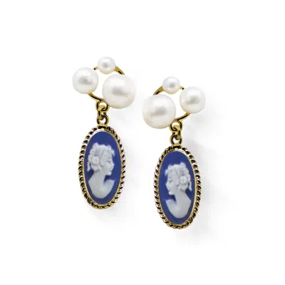 Vintouch Italy Women's Gold / Blue Lilith Gold-plated Blue Cameo And Pearl Stud Earrings In Multi