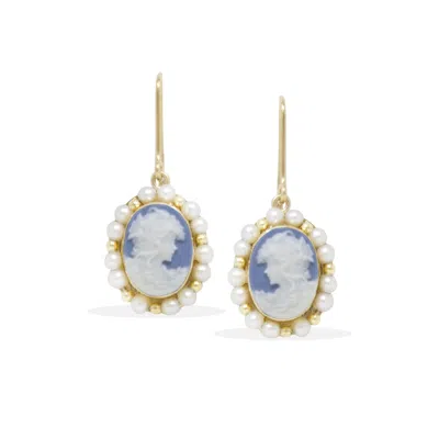 Vintouch Italy Women's Gold / Blue Little Lovelies Gold-plated Sky Blue Cameo Pearl Earrings In Multi