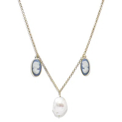 Vintouch Italy Women's Gold / Blue Medea Gold-plated Sky Blue Cameo And Pearl Necklace In Multi