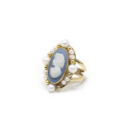 Vintouch Italy Women's Gold / Blue Ophelia Gold-plated Sky Blue Cameo And Pearl Ring In Multi