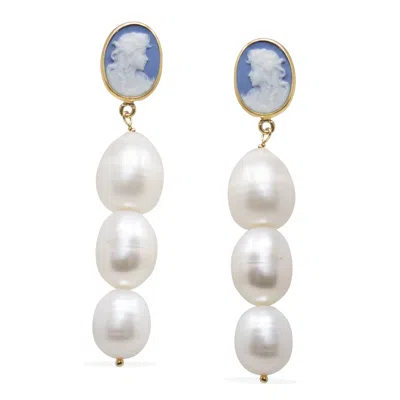 Vintouch Italy Women's Gold / Blue Portrait Of A Girl Sky Blue Cameo And Pearl Earrings In Multi