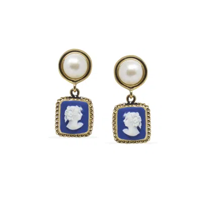 Vintouch Italy Women's Gold / Blue The Beloved Gold-plated Blue Cameo And Pearl Earrings In Multi