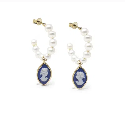 Vintouch Italy Women's Gold / Blue / White April Gold-plated Pearl And Blue Cameo Hoop Earrings In Multi