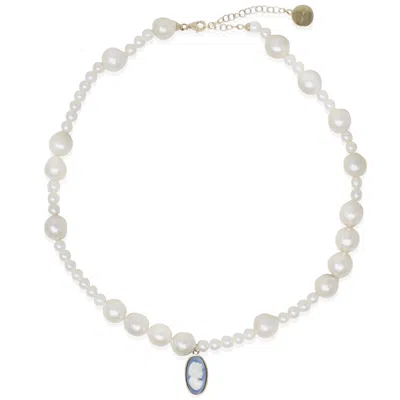 Vintouch Italy Women's Gold / Blue / White Boreas Mismatched Pearl And Sky Blue Cameo Necklace In Multi