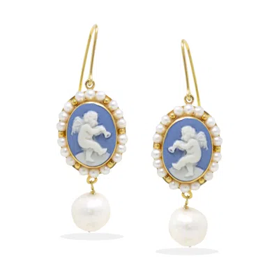 Vintouch Italy Women's Gold / Blue / White Happy Angels Sky Blue Cameo And Pearls Earrings In Multi