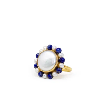 Vintouch Italy Women's Gold / Blue / White Lotus Gold-plated Pearl And Lapis Ring In Multi