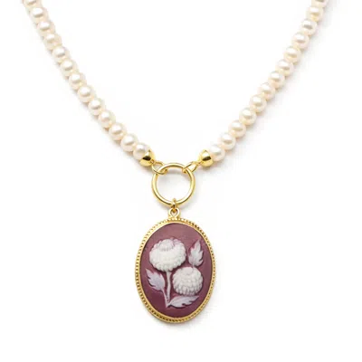 Vintouch Italy Women's Gold / Brown / Red Pompon Flower Cameo Necklace In White