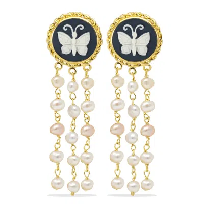 Vintouch Italy Women's Gold Butterfly Cameo & Pearls Earrings