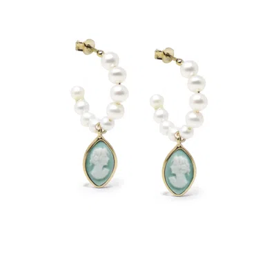 Vintouch Italy Women's Gold / Green April Gold-plated Pearl And Green Cameo Hoop Earrings In Multi