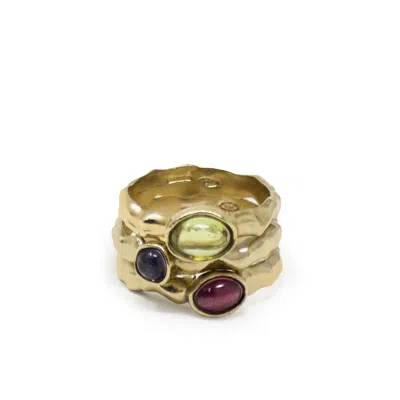 Vintouch Italy Women's Gold / Green / Blue Cosmo Set Of Three Multicolor Rings