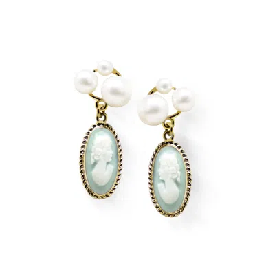 Vintouch Italy Women's Gold / Green Lilith Gold-plated Green Cameo And Pearl Stud Earrings In Multi
