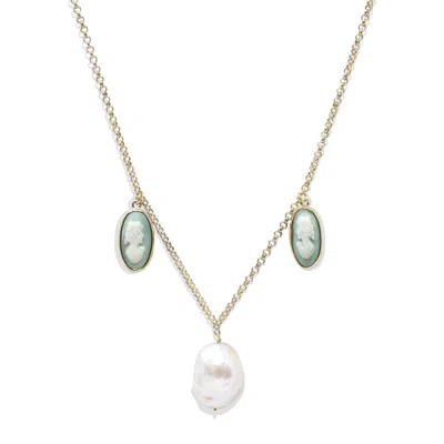 Vintouch Italy Women's Gold / Green Medea Gold-plated Green Cameo And Pearl Necklace In Multi