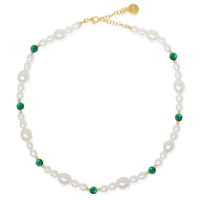 Vintouch Italy Women's Gold / Green / White Bianca Gold-plated Pearl And Malachite Necklace In Multi