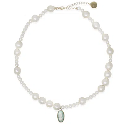 Vintouch Italy Women's Gold / Green / White Boreas Mismatched Pearl And Green Cameo Necklace In Multi