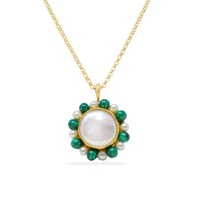 Vintouch Italy Women's Gold / Green / White Lotus Gold-plated Pearl And Malachite Necklace In Multi