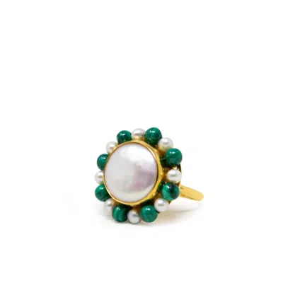 Vintouch Italy Women's Gold / Green / White Lotus Gold-plated Pearl And Malachite Ring
