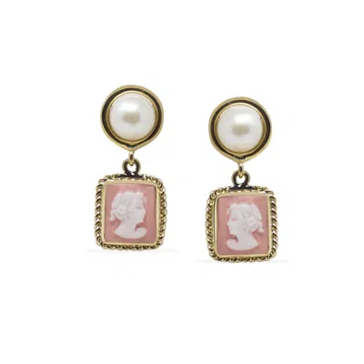 Vintouch Italy Women's Gold / Orange The Beloved Gold-plated Pink Cameo And Pearl Earrings In Multi