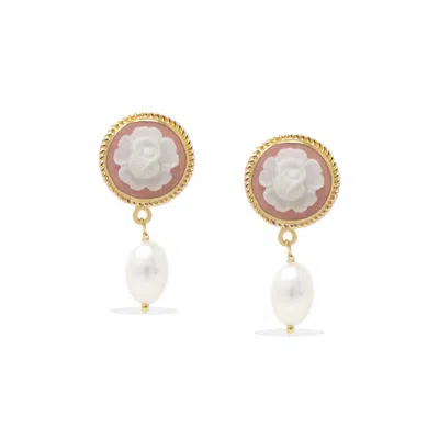 Vintouch Italy Women's Gold / Pink Flower Bud Cameo Earrings With Pearls In Multi