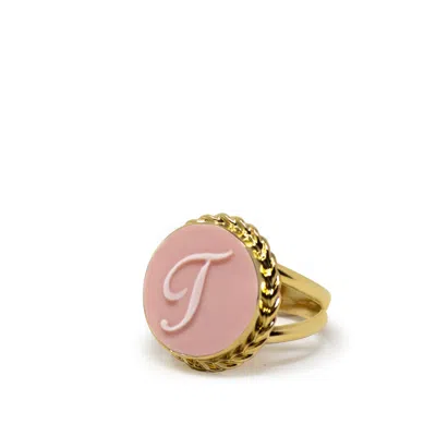 Vintouch Italy Women's Gold / Pink Gold Vermeil Pink Cameo Ring Initial T In Multi