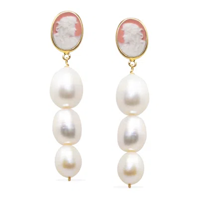 Vintouch Italy Women's Gold / Pink Portrait Of A Girl Pink Cameo And Pearl Earrings In Multi