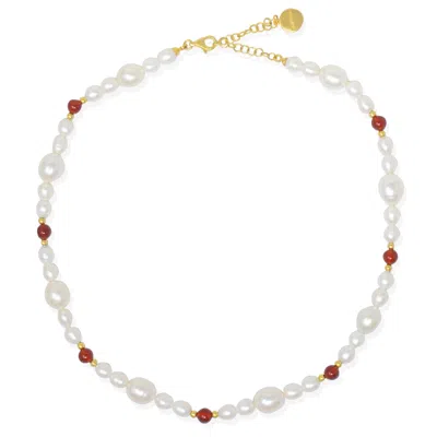 Vintouch Italy Women's Gold / Red / White Bianca Gold-plated Pearl And Carnelian Necklace In Multi