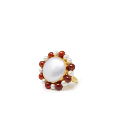 Vintouch Italy Women's Gold / Red / White Lotus Gold-plated Pearl And Carnelian Ring