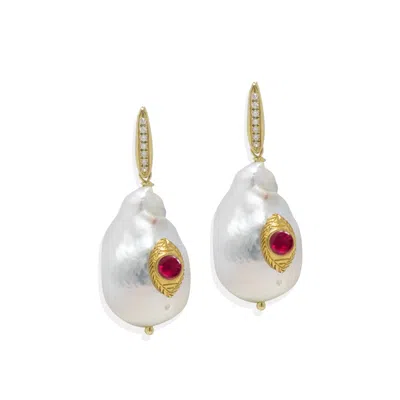 Vintouch Italy Women's Gold The Eye Pearl & Ruby Earrings