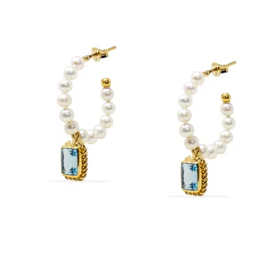 Vintouch Italy Women's Gold / White / Blue Luccichio Sky Blue Topaz And Pearl Hoop Earrings In Multi