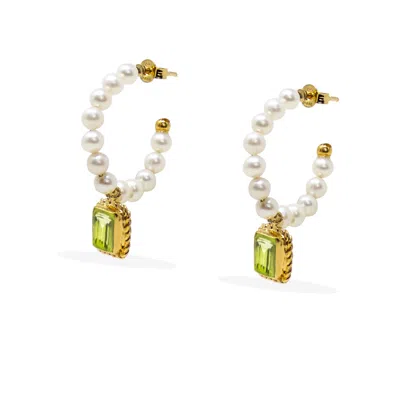 Vintouch Italy Women's Gold / White / Green Luccichio Peridot And Pearl Hoop Earrings In Multi