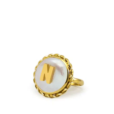 Vintouch Italy Women's Gold / White Moonglow Gold-plated Initial N Pearl Ring In Multi