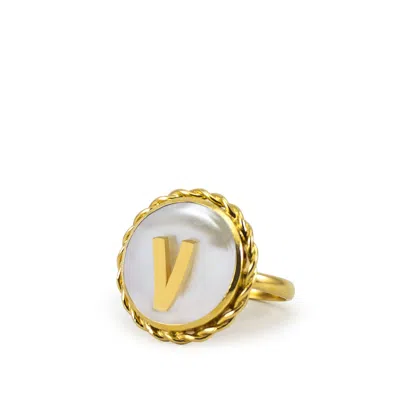 Vintouch Italy Women's Gold / White Moonglow Gold-plated Initial V Pearl Ring In Multi