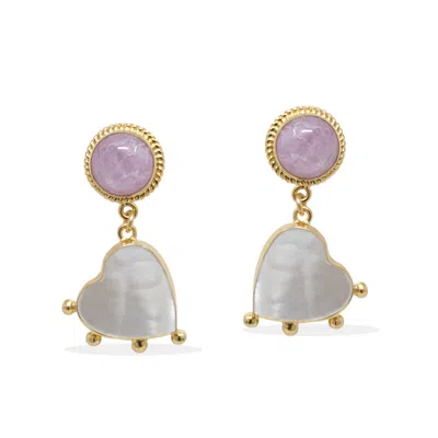 Vintouch Italy Women's Gold / White / Pink Happy Hearts Earrings With Kunzite And Pearls In Multi