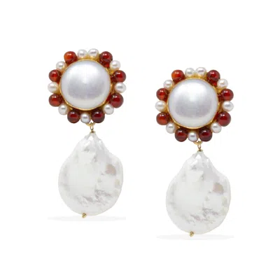 Vintouch Italy Women's Gold / White / Red Lotus Gold-plated Pearl And Carnelian Earrings In Multi
