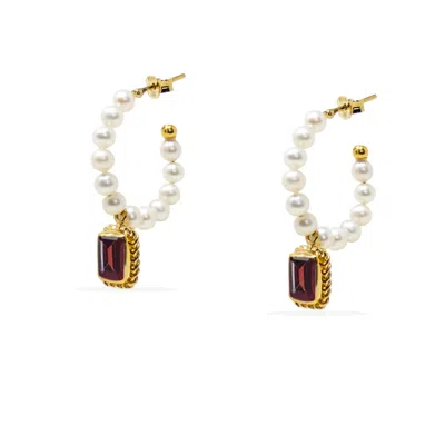 Vintouch Italy Women's Gold / White / Red Luccichio Garnet And Pearl Hoop Earrings In Multi