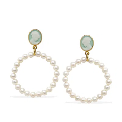 Vintouch Italy Women's Green / Gold A Perfect Circle Green Cameo And Pearl Earrings In Multi