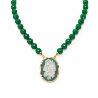 Vintouch Italy Women's Green / Gold Carnation Cameo Necklace With Green Agate In Multi