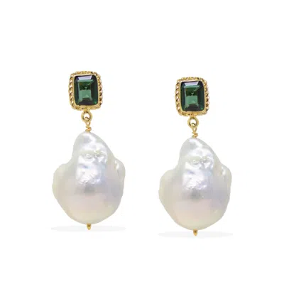 Vintouch Italy Women's Green / Gold Luccichio Gold Vermeil Green Quartz And Pearl Earrings In Multi