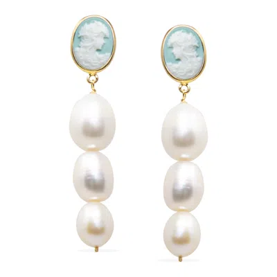 Vintouch Italy Women's Green / Gold Portrait Of A Girl Green Cameo And Pearl Earrings In Multi