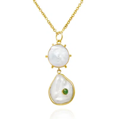Vintouch Italy Women's Green / White / Gold Rebel Rebel Pearl Statement Necklace With Emerald In Multi